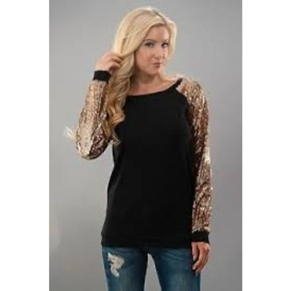 black long-sleeved sweater with gold sequin sleeves